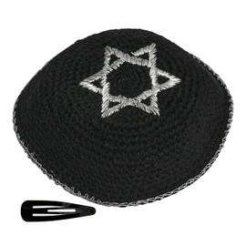 EREZ OVED KIPPIK Star of David Jewish KippahHatFor Men & Kids with Clip Beautifully Knitted (Black & Silver)