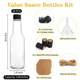 GUANENA 35 Pack 5oz Hot Sauce Bottles, Clear Glass Woozy Bottles with Leak Proof Black Screw Caps, Dripper Inserts and Shrink Capsules, Empty Small Wine Bottles with Labels (Bonus Funnel and Twine)