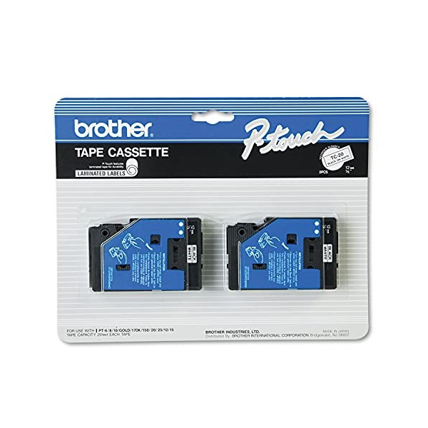 2/Pack 1/2" (12mm) Black on White TC Tape for Brother