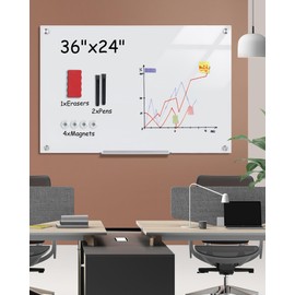 Mifuro Magnetic Glass Whiteboard，36"x24" Wall Mounted Frameless Dry Erase Board for Office, Home & School Ultra White