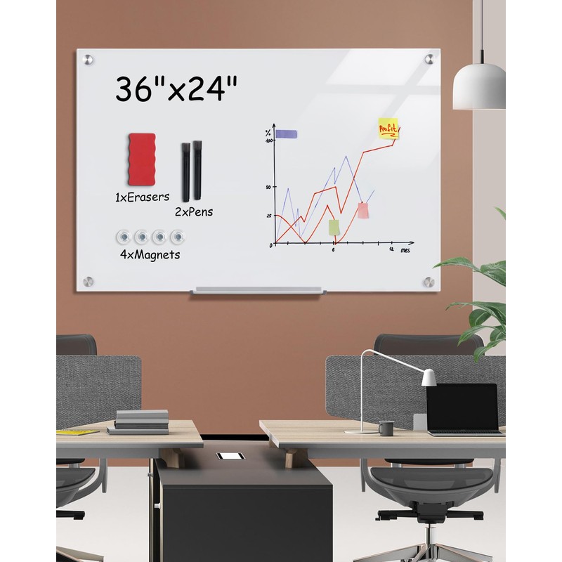 Mifuro Magnetic Glass Whiteboard，36"x24" Wall Mounted Frameless Dry Erase Board