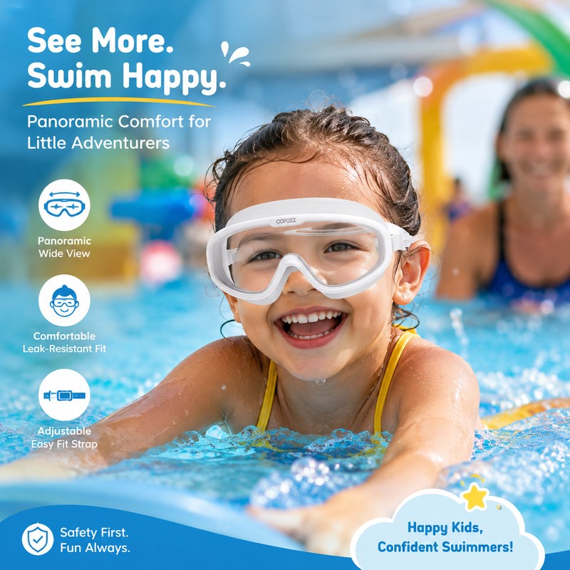Kids Anti-Fog Swim Goggles with Case – Waterproof Big Frame