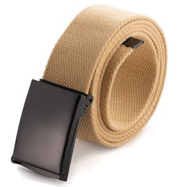 Mile High Life Cut To Fit Canvas Web Belt Size Up to 52" with Flip-Top Solid Black Military Buckle (Khaki)