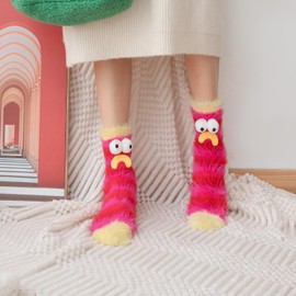 Coral Velvet Cartoon Monster Funny Socks for Women Girls, 3D Novelty Face Socks Floor Socks, Thick Socks Winter Warm (US, Alpha, One Size, Regular, Regular, Red)