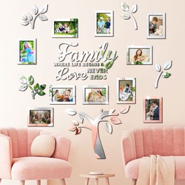 Family Tree Wall Decal Acrylic 3D DIY Mirror Sticker Photo Frames Removable Wall Art Decals Home Decorations for Living Room Bedroom Kitchen Dining Office, 47 x 47 Inch(Silver)