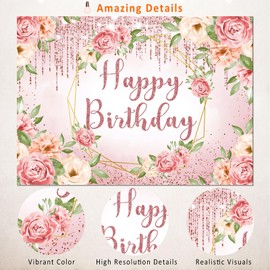 Ayayiya Pink Floral Birthday Backdrop Blush Birthday Decorations,Rose Gold Glitters Happy Birthday Backdrops Banner Flowers Photography Background for Women Girls Bday Party Photo Booth Supplies 7x5ft