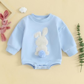 ZZLBUF Infant Baby Girl Boy Easter Outfits Clothes Set Cute Bunny Embroidery Romper Sweatshirt Long Sleeve Bodysuit (Blue, 0-6 Months)