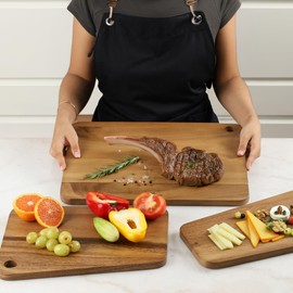 Sango Atelier Premium Acacia Wood 3-Piece Stackable Cutting Board Set with Slant Edge and Juice Grooves - Reversible Kitchen Chopping Boards for Meat Prep, Vegetables, and Charcuterie Display