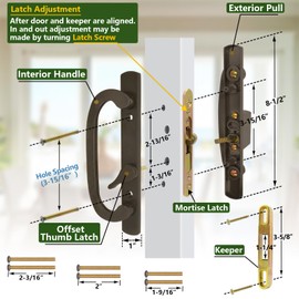 Eockatoo Patio Sliding Glass Door Handle Set with Mortise Lock 45° Keyway, Keyed Offset Position Zinc Diecast I/E Pull Handles, Fits 3-15/16" H.C., 1-3/8" to 2-1/4" Thick Doors, Non-Handed, Bronze