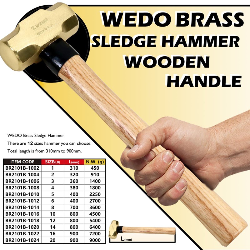 WEDO Brass Sledge Hammer with Wooden Handle, 2lb, 320mm, 12.5"