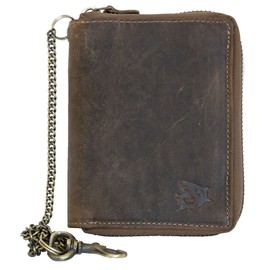 FLW Men's Natural Genuine Leather Wallet with Metal Zipper Around with Shark with Chain