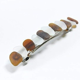 Genuine Surf Tumbled Frosted White and Brown Sea Glass French Barrette Hair Clip 4" or 100 mm Length - Quantity of 1