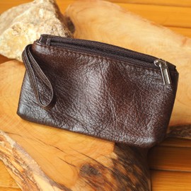 BAWAKO Genuine Leather Coin Purse with Two Zip Compartments for Change Coin Card, Brown 1, Classic