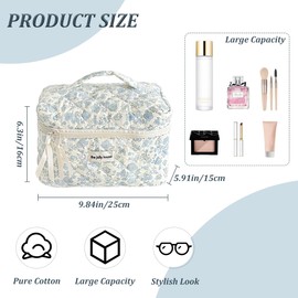 TRBSXRT Quilted Makeup Bag for Women - Large Cotton Cosmetic Bag, Floral Travel Makeup Bag Organizer Bag (Blue Flowers)