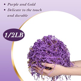 Outus 0.5 LB Purple Gold Crinkle Cut Paper Shred Filler Metallic Shredded Papers Confetti Gift Box Basket Crinkle Paper Filler Packing Grass Cushion Shredded Tissue Stuffing Christmas Birthday Wrap