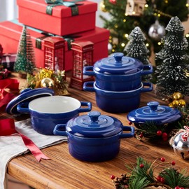 Lareina Mini Cocotte - 12oz Ceramic Casserole Dishes - Kitchen Casserole Sets With Handles And Lid - Small Baking Ramekins - Oven, Microwave & Dishwasher Safe - Set of 4 - Blue