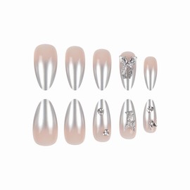 BABALAL Sliver Press on Nails Almond Fake Nails Medium Acrylic Nails Chrome Glue on Nails with Butterlfy Charm Y2k False Nails 24Pcs Stiletto Full Cover Artificial Nails for Women Girls Reusable Nails