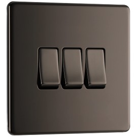 BG Electrical FBN43 Screwless Flat Plate 10 A Tripple 2 Way Plate Switch, 250 V, Black Nickel