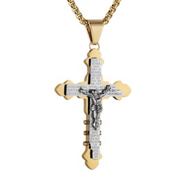 HZMAN Crucifix Cross Necklace for Men Stainless Steel Retro Inspiring The Lord's Prayer Cross Pendant Christian Faith Jewelry Gift (Gold)