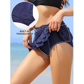SHEKINI Women's Elegant Irregular Ruffle Hem Swimwear Short Skirt Bikini Skirt Built-in Triangle Bikini Bottoms Sports Skirt Drawstring Swimming Skirt Beach Bikini - darkblue, size: l