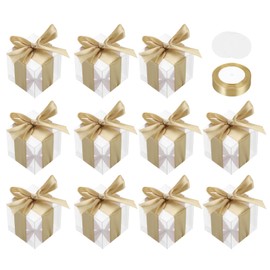 MECCANIXITY 35 Pcs Clear Gift Boxes, 2.8"x2.8"x2.8" Clear Boxes for Favors with Gold Ribbon Blank Tag, Plastic Gift Box for Wedding, Party Favors, Candy Boxes, Home Birthday Decor
