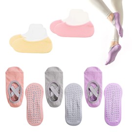 LSYYSL 3 Pairs of Non-Slip Yoga Socks, 2 Pairs No-Show Socks, Pilates Socks for Women, Fashion Dance Socks, Yoga Socks with Cross Straps, Strong Grip, Suitable for Ballet, Pilates, Fitness, Pink /