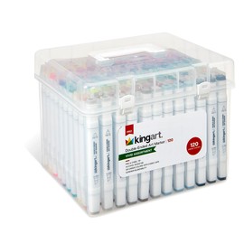 KINGART® 424-120 PRO Double-Ended Alcohol Ink Art Markers, 120 COLORS, Fine Point & Chisel Tips, Permanent with Superior Blendability, Includes Plastic Case. 120 Pc.