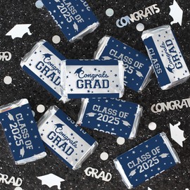 Blue and Silver Graduation Party Favor Stickers, Class of 2025 Graduation Candy Wrappers for Miniature Candies - 45 Count