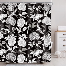 Riyidecor Black White Floral Shower Curtain for Bathroom Decor 60Wx72H Peony Flowers Wildflower Modern Blossom Leaves Butterfly Birds Art Printed Fabric Polyester Waterproof 12 Pack Plastic Hooks
