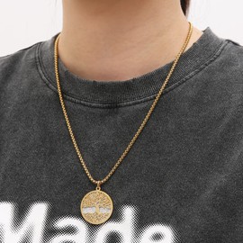 HZMAN Stainless Steel Gold Silver Tree of Life Serenity Prayer Necklace Pendant Zircon Inlaid for Men Women Jewelry Gift (Gold)