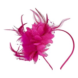 GSHLLO Women Flower Feather Mesh Headband Ladies Vintage Fascinator Hat Hairband Vintage Fancy Dress Up Head Band Cocktail Tea Party Hair Hoop Band Headwear for Holiday Hot Pink