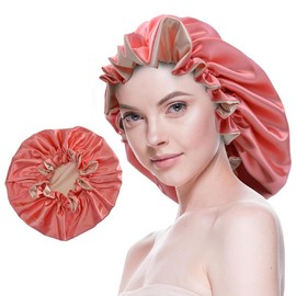 Silk Bonnet for Sleeping Satin Bonnets Double Layer Reversible Hair Cap Bonnet for Women Long Curly Braid Hair (Pink):_Coral_Medium