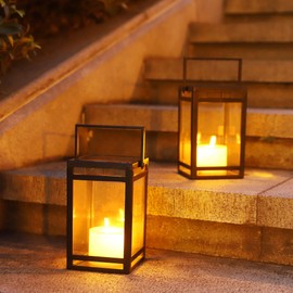 Techko Outdoor Solar Flickering Candle Lantern Farmhouse Modern Light Design with Handle, Realistic Safe Flameless, Waterproof IP65