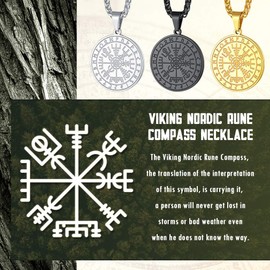 FaithHeart Norse Viking Compass Necklace for Men, Stainless Steel Norse Vegvísir Protective Guiding Medallion Pendant Neck Chains for Women-Black