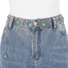 Navoky Concho Western Belt Woman Turquoise Cowgirl Waist Chain Silver Country Concert Outfit Body Jewelry Accessories (F, S)