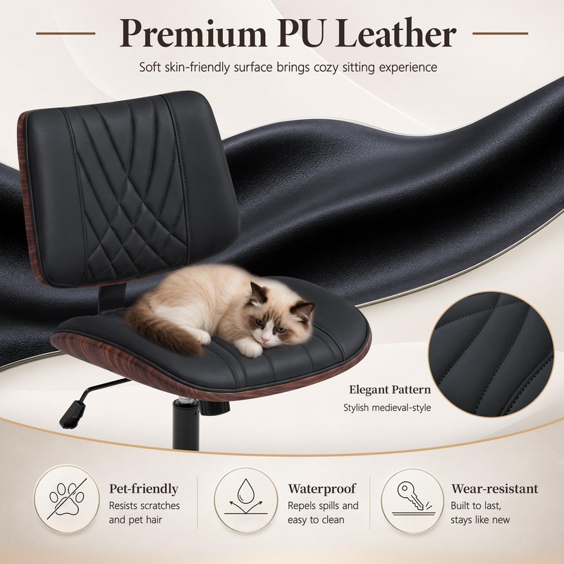 Armless Office Chair, Small Comfy Leather Desk Chair with Wheels