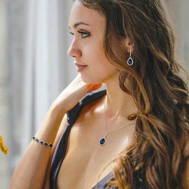 Crysdue Wedding Blue CZ Teardrop Pendant Necklace Earrings Open Ring Adjustable Slider Bracelet Silver Bridal Jewelry Set, Birthday Mothers Day Christmas Jewellery Gift for Women/Mom/Wife