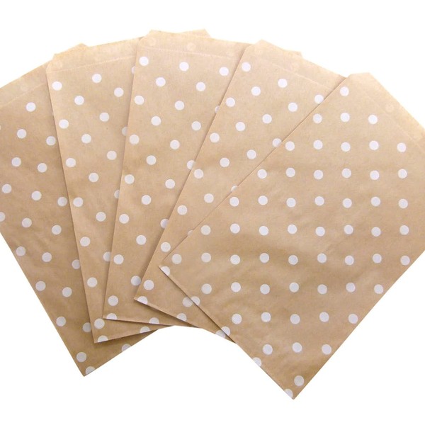 300 Qty 5" x 7" Decorative Flat Paper Gift Bags - White Polka-Dot on Brown Kraft Bags - for Sales/Treats/Parties Cookies/Gifts - N'icePackaging