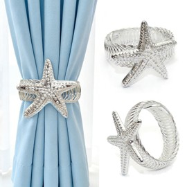 Davifina Starfish Curtain Tiebacks, 2 Pack Adjustable No Drill Curtain Holdbacks,Silver Metal Curtain Ties for Drapes,Coastal Curtain Holders for Living Room Kids Bedroom Bathroom Beach House Decor