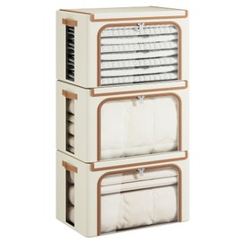 Yecaye Clothes Storage Bins with Metal Frame, Foldable Clothing Storage Bin with Lid, Stackable Oxford Fabric Organizer Box With Clear Window & Zippers & PU Leather Handles (3 Pack,Beige,66L)