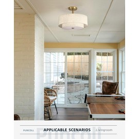 puncoll Semi Flush Mount Ceiling Light - Gold Drum Ceiling Light Fixture with Fabric Linen Shade for Bedroom Living Room Hallway, C2506-BG