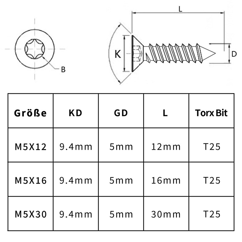 SWTYExt Wood Screws Torx Screws 5 x 12 mm, Pack