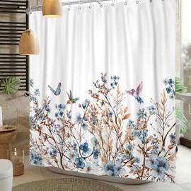 Sillsloso Teal Floral Shower Curtain Wildflower Butterfly Hummingbird Botanical Shower Curtain Spring Watercolor Floral Waterproof Fabric Bathroom Decor with Hooks 72x72 inch