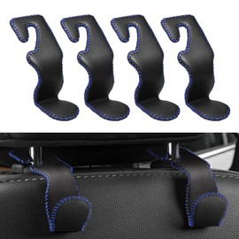 MEALAM 4 Pack Superior Leather Car Seat Headrest Hooks with 44 Pounds Load Capacity, Hangers Storage Organizer Universal Car Interior Accessories for Handbags Water Bottles Umbrellas, Black & Blue