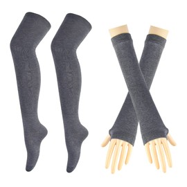 Striped Long Knitted Gloves Knee Socks Leggings Party Costume Accessories 2 Pairs Set, gray