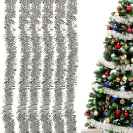 Ashuxxn Pack of 6 Tinsel Garlands Christmas Shiny Christmas Tree Decoration Garland Shiny Garland Christmas Decoration Tinsel Garland Christmas Garlands for Christmas Tree (Silver)