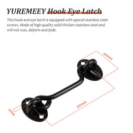 YUREMEEY Pack of 2 Storm Hooks with Eyelet, Cabin Hook, Stainless Steel, Storm Hook for Swing Door, Door Latch, Catch Cabin Door Locks for Doors, Garage Door, Fence, Window or Shed, 75 mm, Black