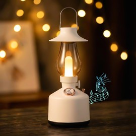 Vintage Kerosene Bluetooth Speaker with LED Warm Light, IPX4 Waterproof, 10-Hour Playtime, Portable Wireless Speaker with HD Sound & Bluetooth 5.3, Home Decor, Present for Bedroom, Outdoor (White)