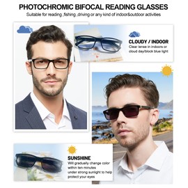 OCCI CHIARI Photochromic Bifocal Reading Glasses Mens,Transition Square UV Protection Sunglasses Readers 1.0 1.5 2.0 2.5 3.0 3.5 4.0(Black +300)
