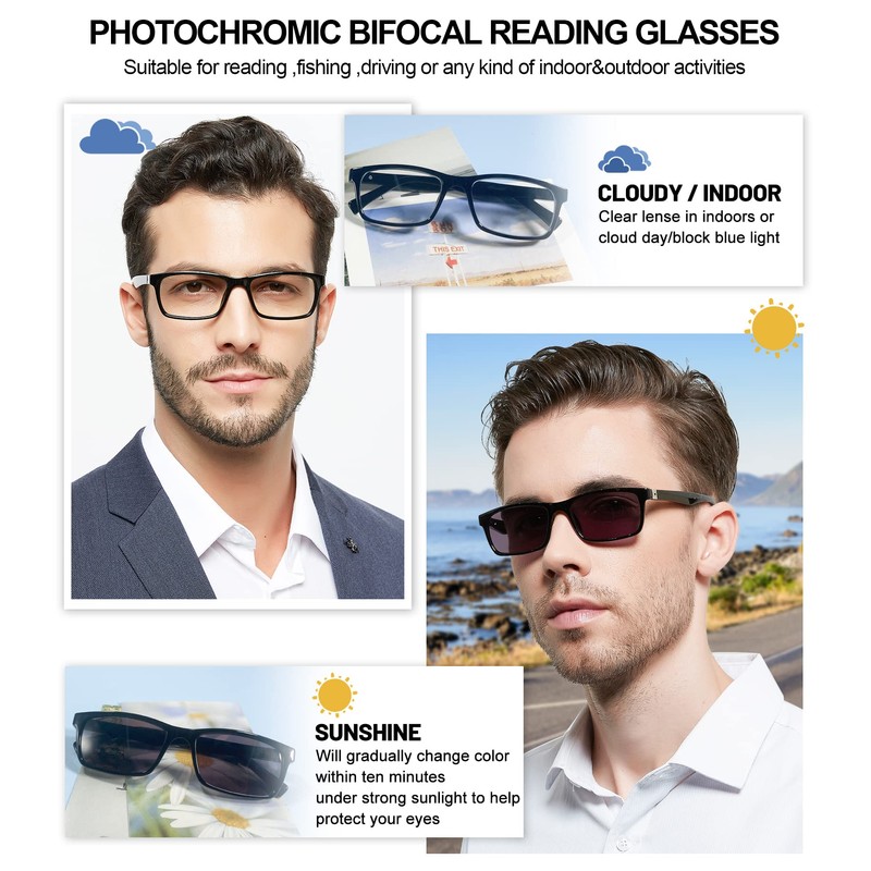 OCCI CHIARI Photochromic Bifocal Reading Glasses Mens,Transition Square UV Protection